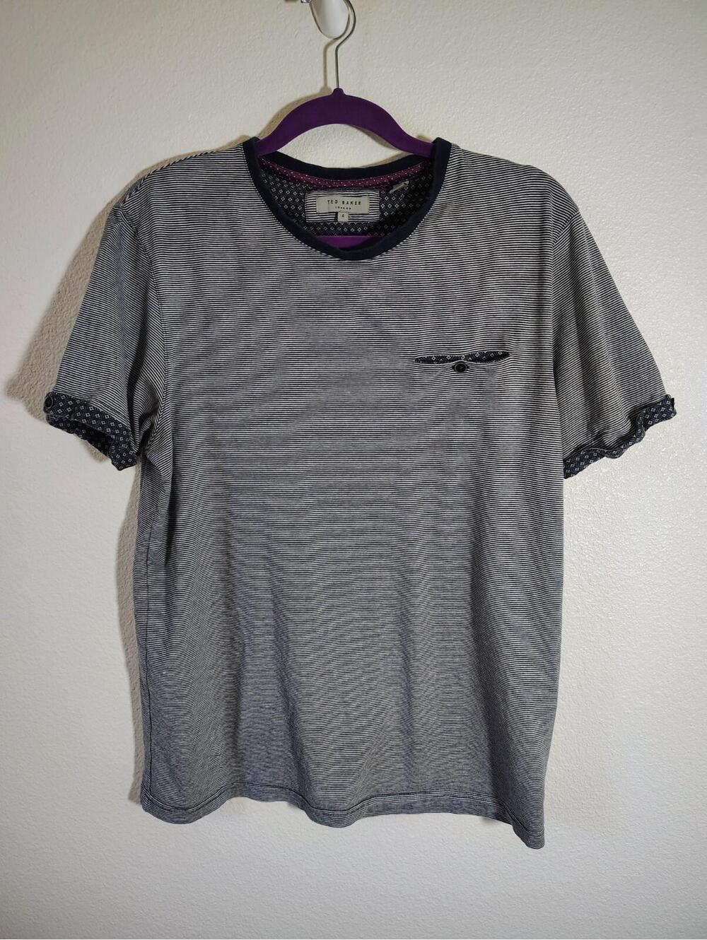 Ted Baker London Men Sz 4 Small 100% Cotton Stripped Navy Blue Shirt Pocket